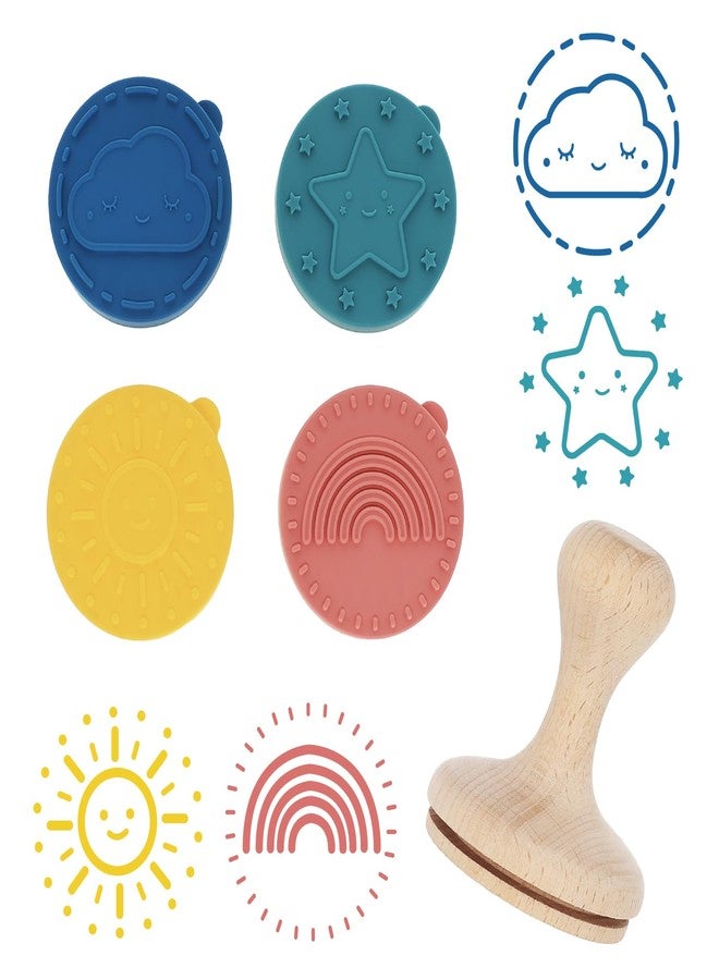 ReLIVE Happy Skies Rubber Stamp with Wood Handle, 4 Interchangeable Silicon Stamps of a Sun, Cloud, Star, and Rainbow, Fun Kids Craft Supplies and Art Supplies, Arts and Crafts for Kids 4-6 and Families - Image 1